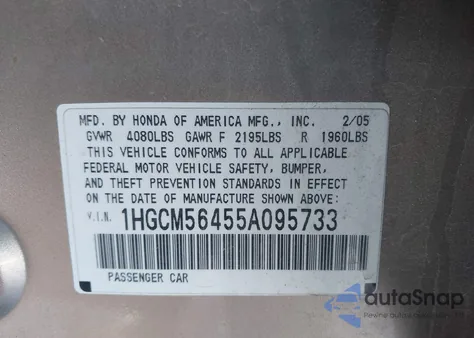 2005 Honda Accord 2.4 Lx из США, поврежденный, VIN 1HGCM56455A095733